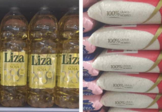 óleo de soja e arroz em prateleiras de supermercado