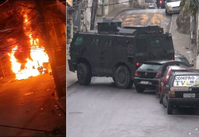 Traficantes fizeram barricadas com fogo e colocaram óleo no asfalto; Caveirão derrapou em ladeira e atingiu carros e moto | Montagem: Reprodução/Redes sociais e SBT Rio