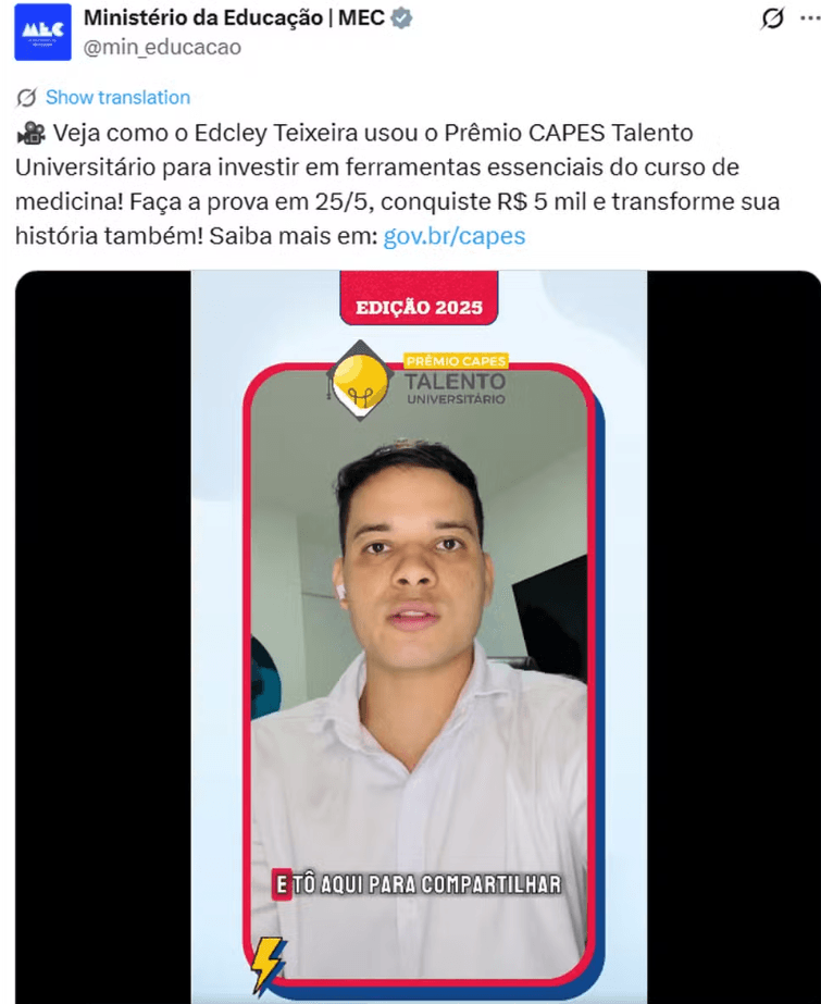 Post do MEC citando Edcley Teixeira | Reprodução