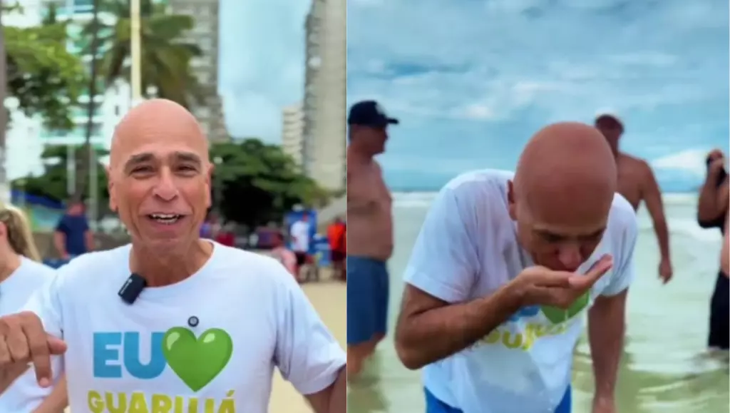 Após surto de virose, prefeito do Guarujá bebe água do mar. | Reprodução/Redes Sociais