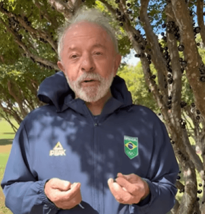 Presidente Lula em frente à jabuticabeira que plantou no Palácio da Alvorada, durante vídeo em que disse que levará jabuticabas a Donald Trump | Reprodução/Instagram @janjalula 