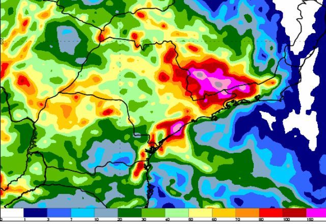 Mapa do Inmet mostra pontos em lilás com chuva forte
