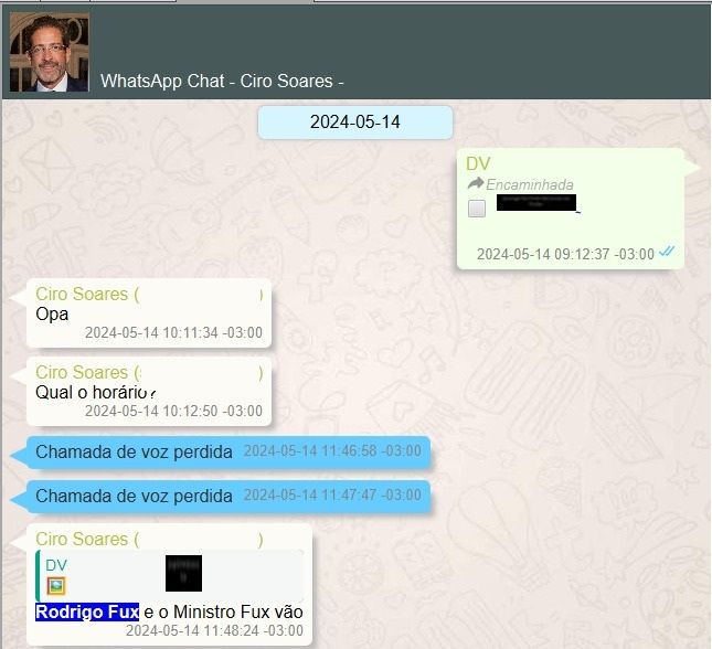 Diálogo entre Vorcaro e advogado Ciro Soares sobre Luiz Fux e Rodrigo Fux
