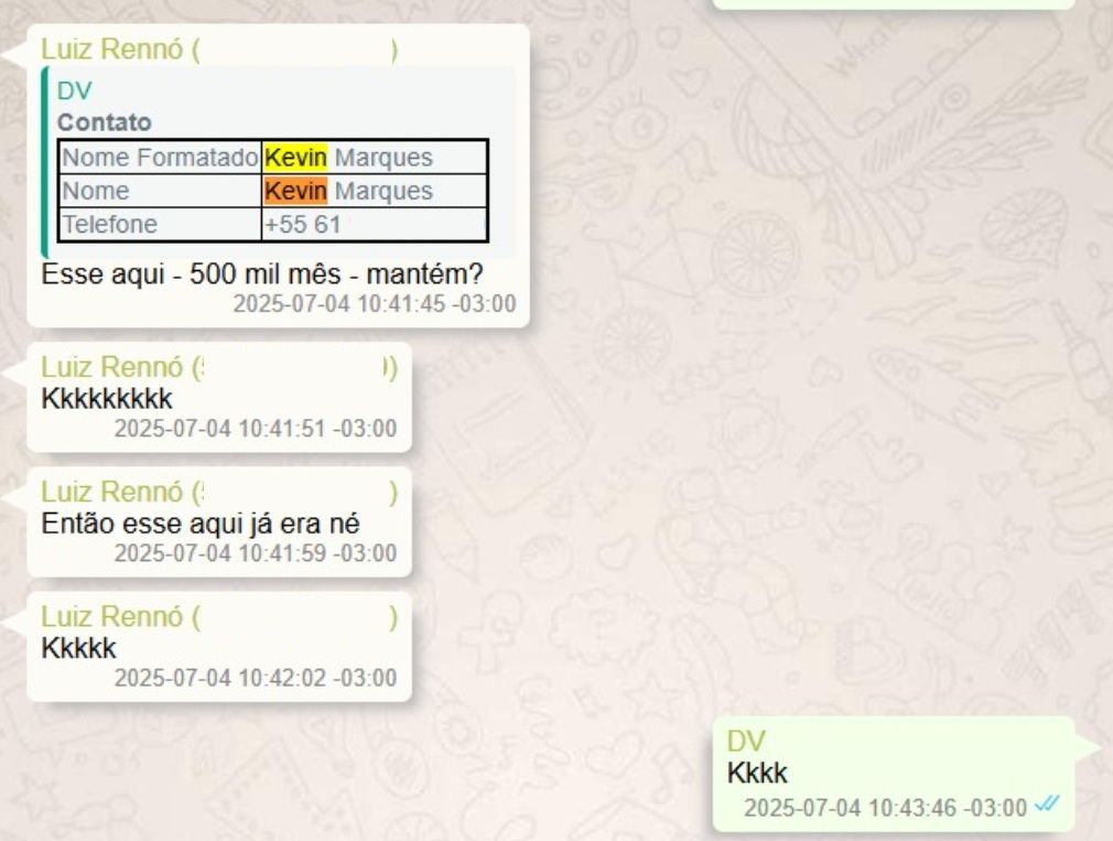 Diálogo entre Luiz Rennó e Vorcaro sobre Kevin Marques