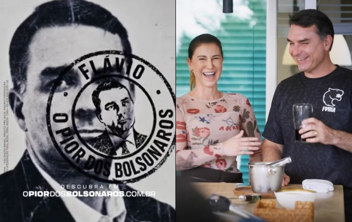 Imagem mostra trecho de propaganda do PT (à esq.) e de Flávio (à dir.) | Reprodução
