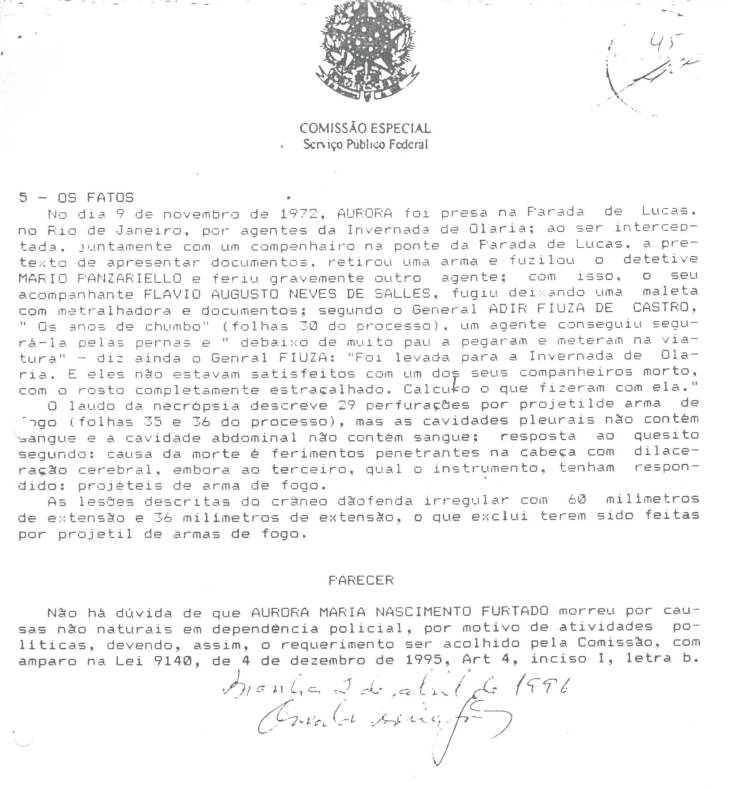 Relatório da Comissão Especial sobre a morte de Aurora Maria | Reprodução/Arquivo Nacional