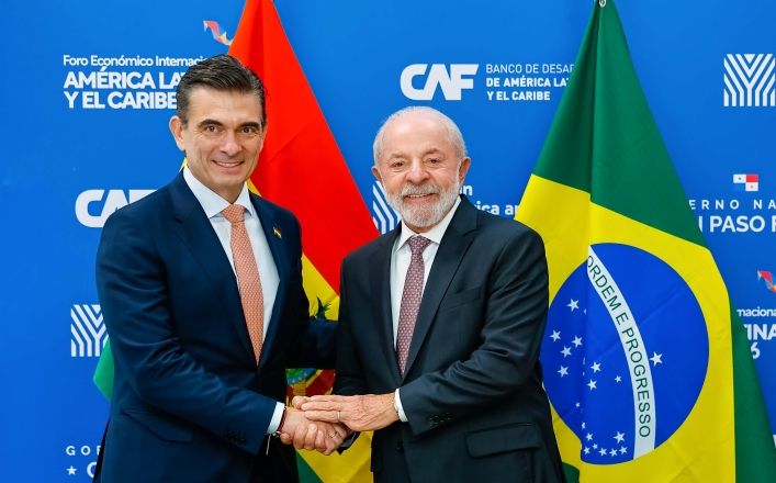 O presidente da Bolívia, Rodrigo Paz (à esquerda), e o presidente Lula (à direita) | Ricardo Stuckert/PR