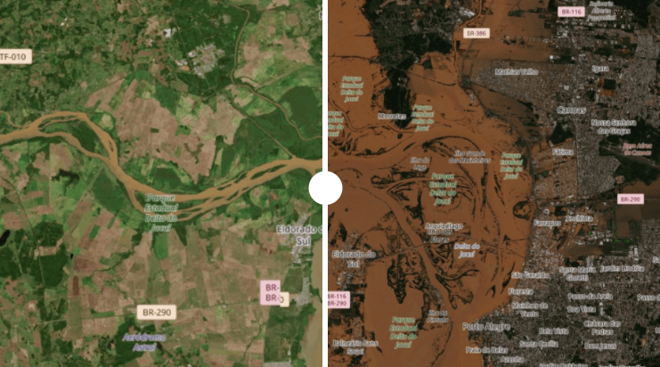Imagens de satélite mostram antes e depois de Porto Alegre e da região metropolitana (Twitter/MetSul)