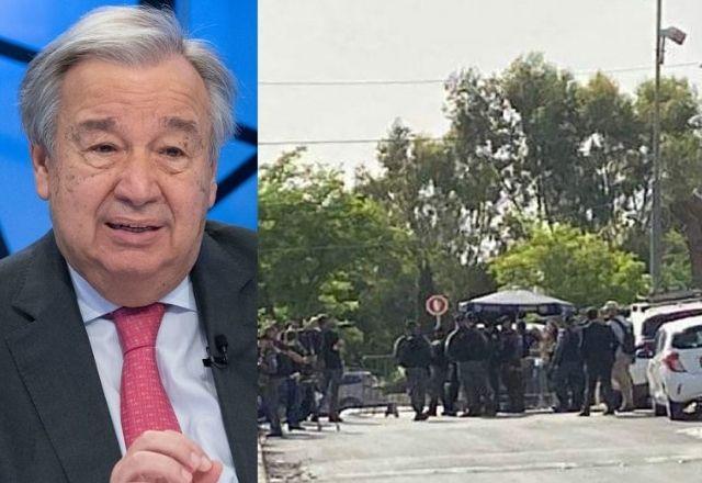 secretario-geral da onu antonio guterrez e uma imagem de um assentamento palestino em israel