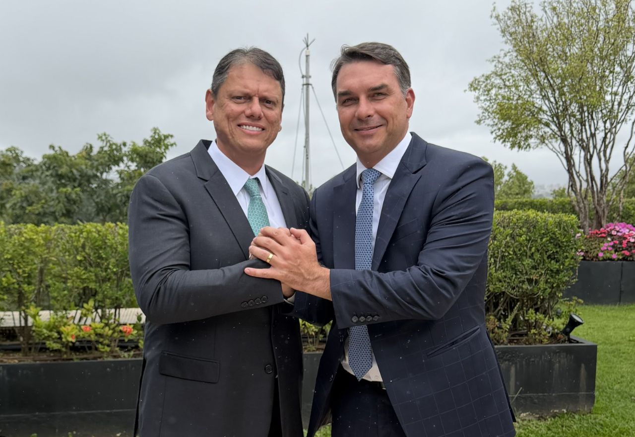 Tarcísio de Freitas e Flávio Bolsonaro se reuniram na manhã desta sexta-feira (27) | Reprodução/Redes sociais