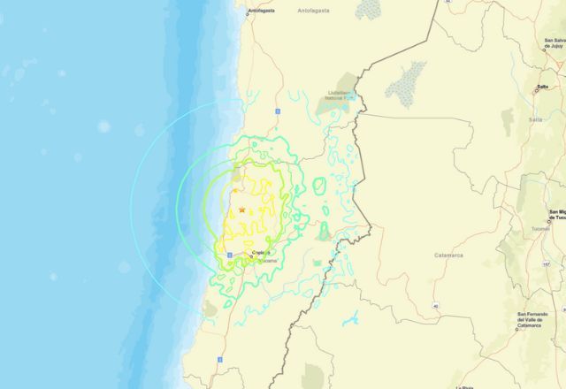 Terremoto de magnitude 6,4 atinge o Chile na sexta-feira (6). Segundo autoridades, não há registro de feridos | Foto: Reprodução/Serviço Geológico dos Estados Unidos