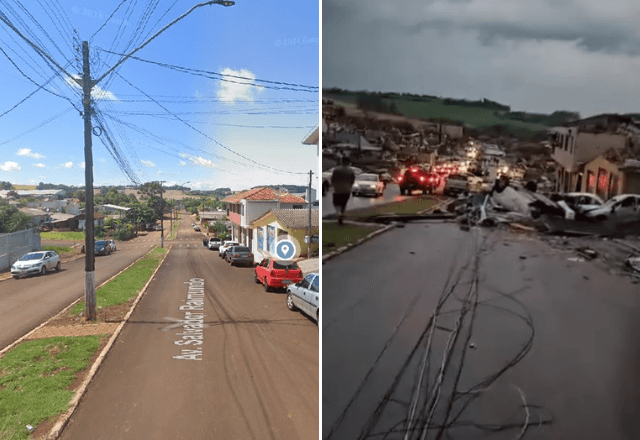 Imagens mostram o antes e o depois de Rio Bonito do Iguaçu (PR) após passagem de tornado | Reprodução/Redes sociais