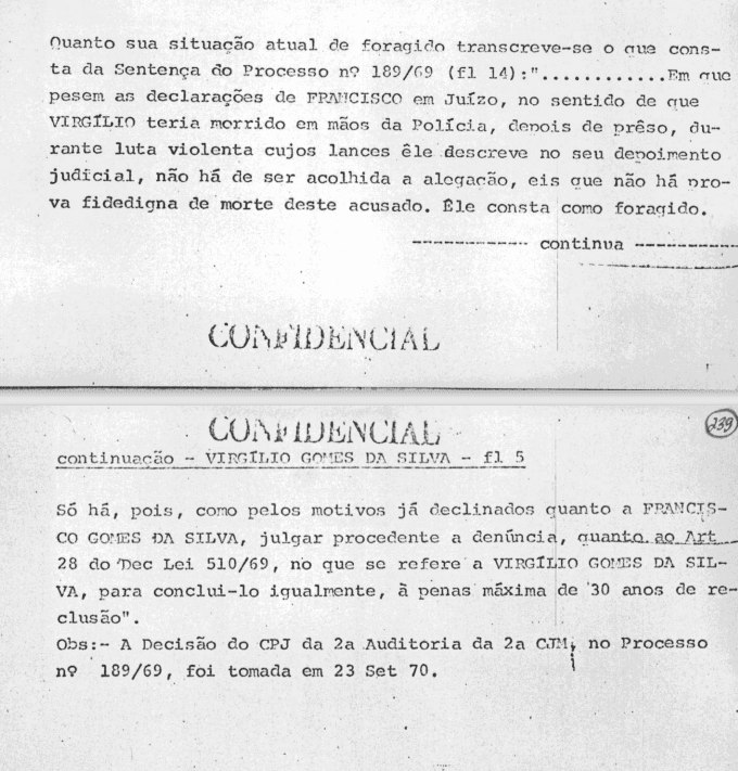 Decisão da 2ª Auditoria da Segunda Circunscrição Judiciária Militar (CJM), de setembro de 1970, trata Virgílio Gomes como foragido; ele estava morto há um ano | Reprodução/Arquivo Nacional