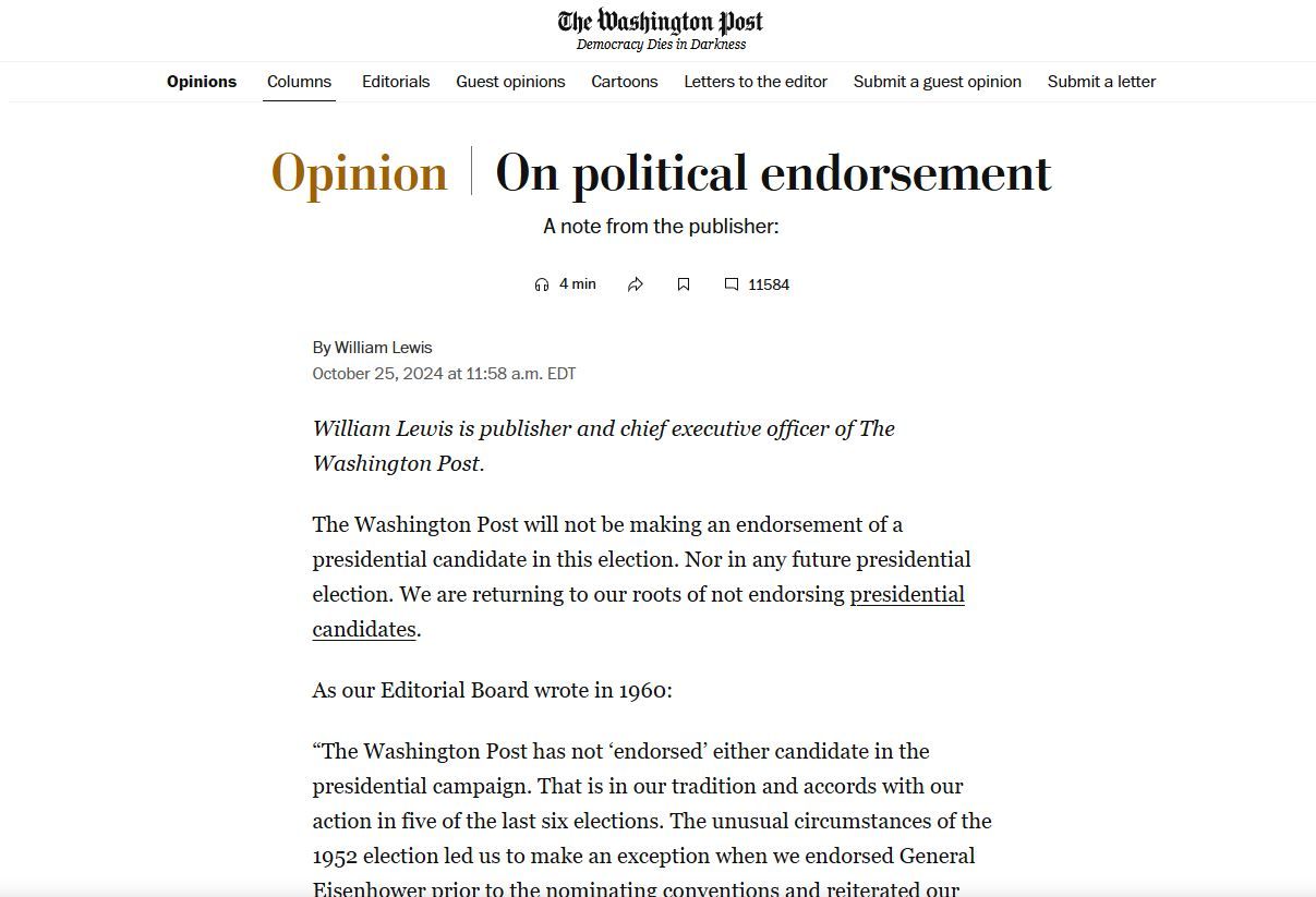 Washington Post anuncia que não apoiará candidato na eleição presidencial dos EUA